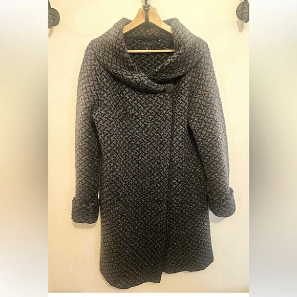 Tahari Gray& Navy Wool Cowl Neck Cardigan with Textured Design small - Picture 8 of 11